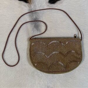 Vintage Beaded Evening Bag Gold Art Deco Scallop Pattern Mini Shoulder Purse